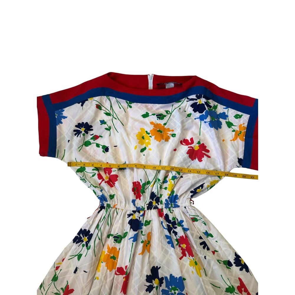 Vintage ‘70s ‘80s Bright Floral Midi Dress Size 12 SANS ÂGE Red Blue White Green - Picture 8 of 11